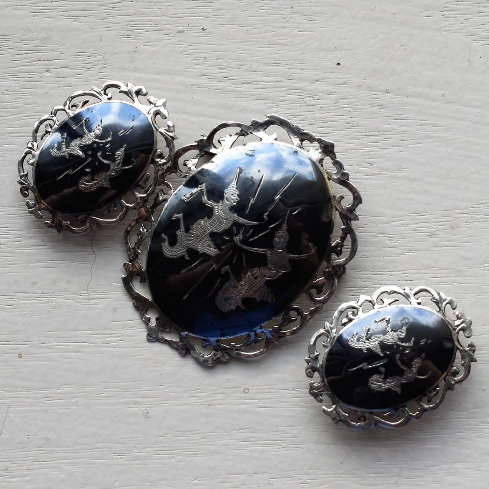 Siam Niello Sterling Brooch and Clip Earrings